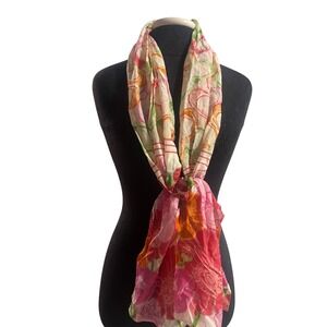 Coach Floral Signature C Logo Scarf Pink Orange Green Cotton Silk Blend Wrap